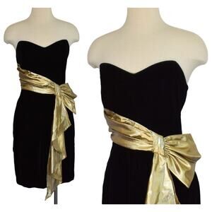 Vtg 80s Strapless Black Velvet Cocktail Dress Gold Lame Pleated Bow, Size XXS